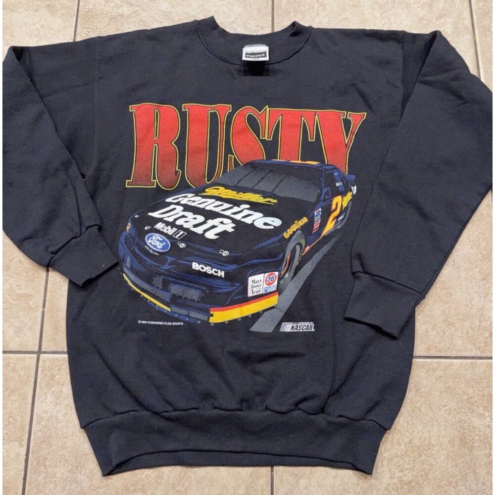90s Vintage Rusty Wallace Sweatshirt Men Large Black Sweater Nascar AOP USA MADE